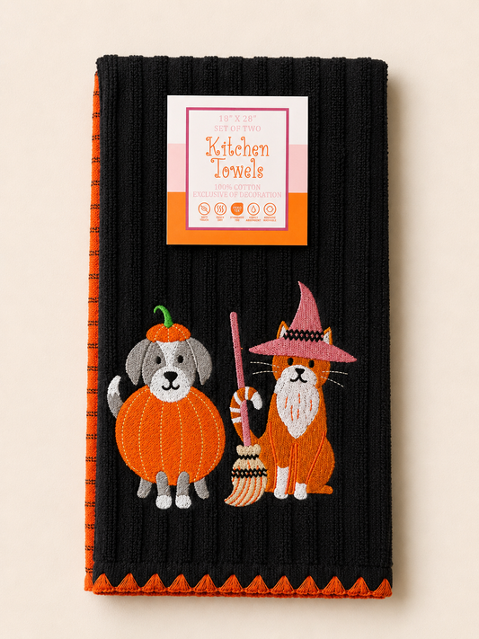 Toalla de cocina perro calabaza & gatito bruja (2 piezas)