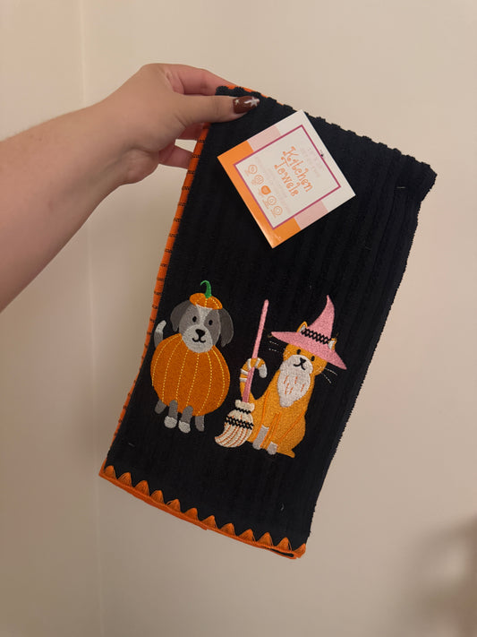 Toalla de cocina perro calabaza & gatito bruja (2 piezas)